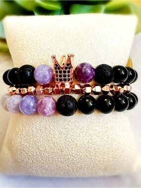 Amethyst & Black Obsidian Bracelet Stack Crown Charm Protection Energy Jewelry